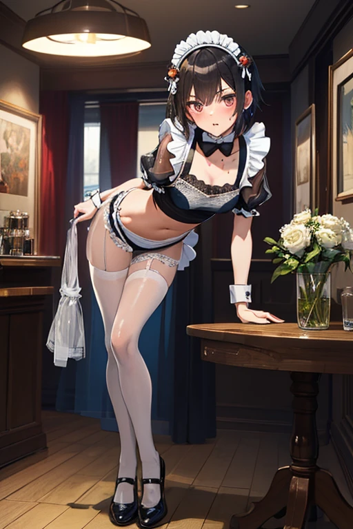 (((masterpiece, Highest quality, High resolution, 超High resolution, Perfect Pixel, Depth of written boundary, 4K, RTTX 10.0))), Beautiful Anime Woman, Beautiful art style, Anime characters, ((Smooth texture, Realistic texture, Anime CG Style)), Perfect and accurate finger count、Exact number of legs、(Exact number of arms:1.0, Exact number of hands:1.0), (Perfect hands, Perfect Anatomy), Cinematic, Realistic, Extremely detailed CG, Daytime lighting, Perfect lighting, Best Shadow, The best natural light, whole body, Perfect body, バランのとれたPerfect body, Perfectly balanced style, Slender body, ((bangs, Reddish brown hair, Bobcut)), ((A cute adult woman is carrying a small tray with drinks on it, horizontally, holding it from below in her hands.:1.8)), ((Bow tie around neck:1.3), (Sexy and cute blue underwear:1.3), (Stylish shiny blue satin panties, Side-tie panties, Panties with plain blue center and lace decoration on the sides:1.3), (Thin panties:1.3), (Blue micro lace satin bra, Blue bra with lace trim, Thin bra:1.3), (lace garter belt, Garter Strings, Knee socks:1.3):1.3), (Beautiful big , Cleavage:1.1), (Embarrassed expression:1.7), blush, (Adult Events, Makuhari Messe, Many visitors in the background, A crowded venue, Many men surrounding a woman, The attention of the men around her, indoor:1.7), naked, In underwear, パンティとブラとガーターベルトとKnee socksだけ, (Frilly maid-like headband:1.2), Angle from the front