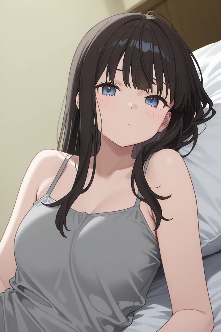 (A superb exquisite yukinoshitaYukino),(yukinoshitaYukino:1.5), (oregairuUniform:1.5), brown eyes, black hair, natural straight hair, straight bangs, solo, nature, extremely delicate, straight facial features, peerless beautiful girl, soft, (sensual face), ((ecchi face)), dreamy quality, exaggerated facial features, solid color, frank holly, delicate face, bright lips, slender waist, soft curves, real light and shadow, super fine, 4k, natural moving, Ultra high resolution, (masterpiece:1.2, best quality), (finely detailed beautiful eyes: 1.2), (beautiful detailed face), sexy semi-nude model, sexy pose, Ultra high definition white bra and panties, erect nipples,Medium chest, slender body, (bedroom),
