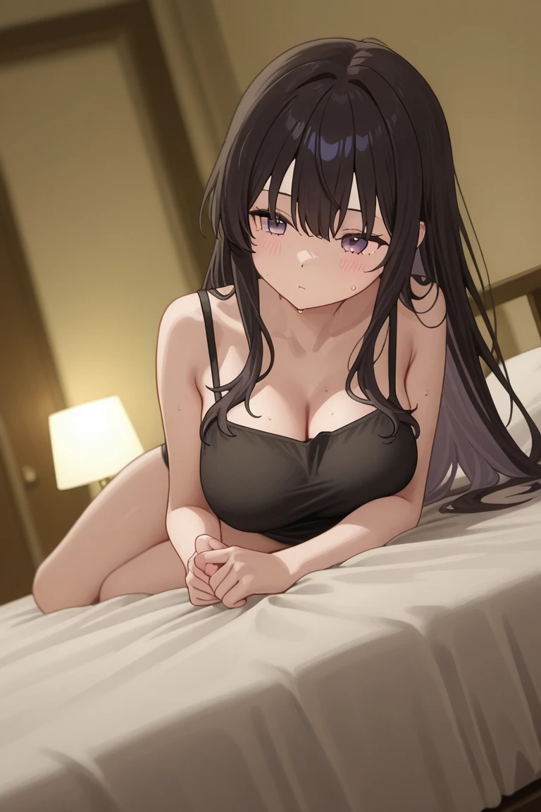 (masterpiece, best quality, highres, UHD, perfect pixel), Inoue Takina, Long hair, Bangs, Black hair, (Purple eyes:1.2), medium breasts, indoor, bedroom, dynamic pose, busty, perfect body, POV, blushing, cleavage, black bra, panties, white shirt, long sleeve, natural light
