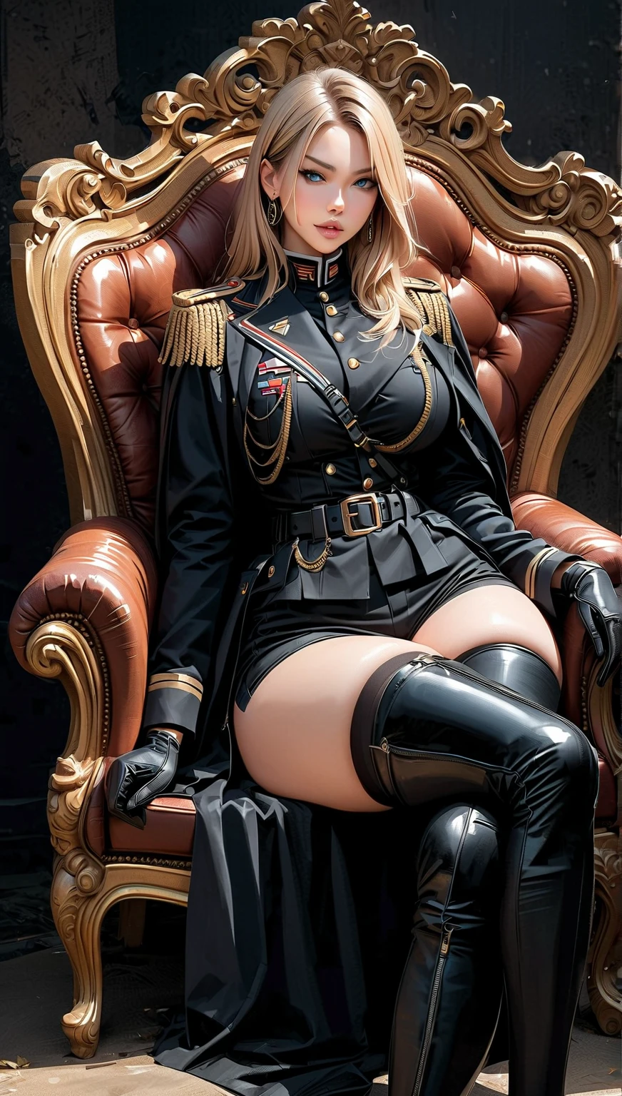 ((Highest quality)),(Ultra-high resolution),(Super detailed),(Detailed Description),((The best CG)),(masterpiece),Highly detailed art,(Contemporary art with precise details:1.5), (Female generals:1.7),(Cool Beauty:1.6),(Tight military uniform:1.6),(sneer:1.6),Patent leather long boots:1.5,Glorious Awards:1.4,((Sit on a chair and cross your legs:1.5))