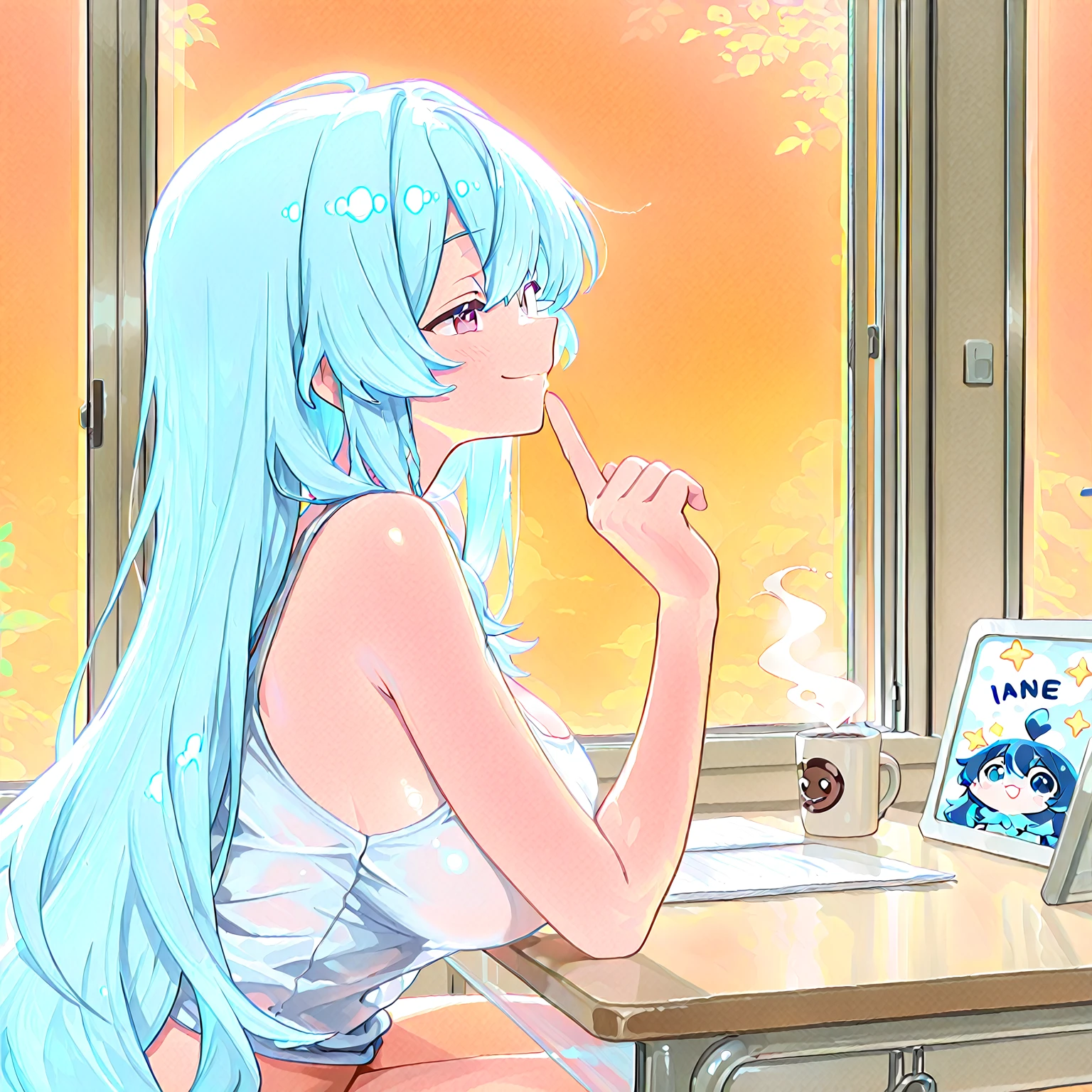 Beautiful girl listening to music with headphones、Light blue hair、In the bathtub、