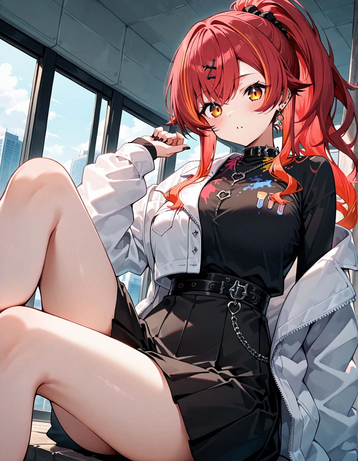 Highest quality、Highest quality、Masterpiece、girl((Metal body,Age 25、as soon as、Highest Bust、Medium Bust、Wide open chest、Red glowing eyes、Black Ear、Red Mesh、Disheveled Hair、Loincloth、thin、The best valley、Open chest、Luminous Wristbands、hair ornaments、Full body view、Black short-sleeved hoodie、Red pants、scar、cell phone、Ruby Necklace、No underwear、hat,Embarrassed face、Sit on a chair、Crossing your legs))、high quality、Beautiful Art、background((night、Red room、Cool chair,Cool chess board))、flight、Flying Debris、Depth of text、movie、Visual Arts、Perfect Art、8K、Genuine、