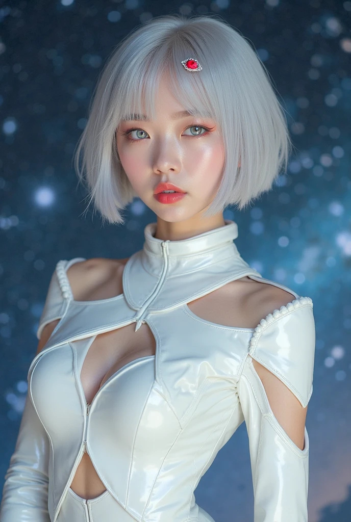 1girl, alone, solitary, high quality, (best quality,4k,8k,highres,masterpiece:1.2),ultra-detailed,(realistic,photorealistic,photo-realistic:1.37),gorgeous hair,white hair,short hair with bangs,sharp eyes,mole under the eye,plump lips,jewelry,(high detailed skin:1.4),(rim lighting:1.3),(lit:1.3),(sunny day:1.3),portrait,beautiful lips,bob haircut,seductive gaze,moles,casual clothes,colorful clothing,close up,bob hair,choker necklace,light eyes,bangs,fringe,dimples on the cheeks,dimples,platinum white hair,whitehair,platinum blonde hair,black,red lips,red lipstick,round lips,round pouty lips,pouty lips,douyin makeup,sparkly makeup,glitter,contact lenses,blue,green,pink,purple,wine red,highlights,braids,colored highlights