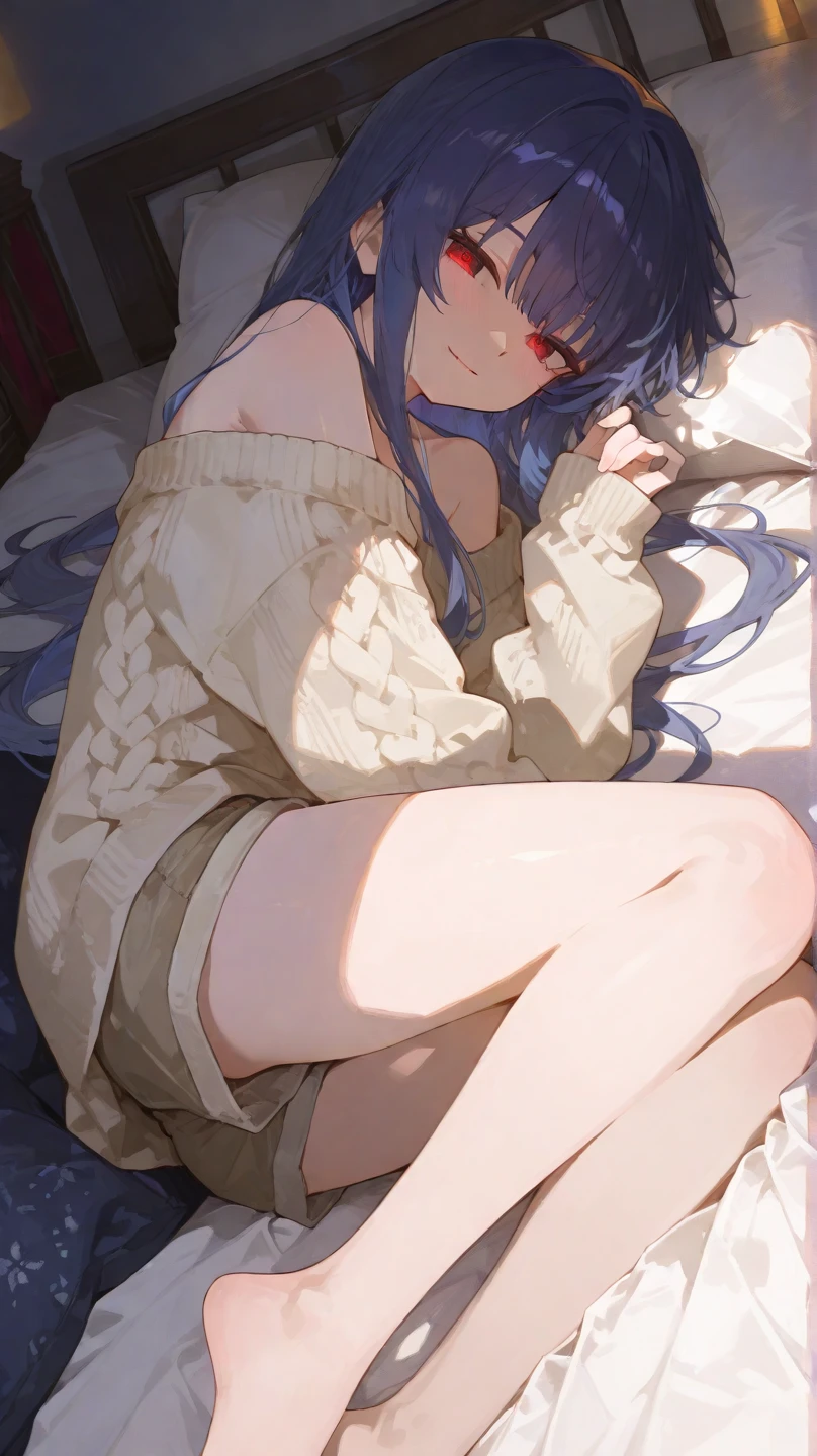 ((frederica bernkastel)) (best quality)), ((masterpiece)), (detailed), perfect face , dark blue hair, blunt bangs, hime cut, long hair, solo, 1girl, purple eyes, expressionless, gothic dress, lying, blue ribbon, spread arms, blank eyes, blush, cleavage