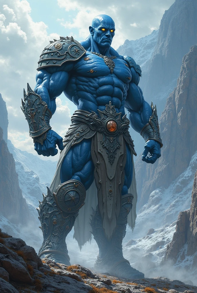 Make a digital art of angry man, make it scary,having a muscular body, hyper realistic, blue body, mountain in background, white eye, snake around the neck, trishul weapon in hand, color grade in sunset tone,