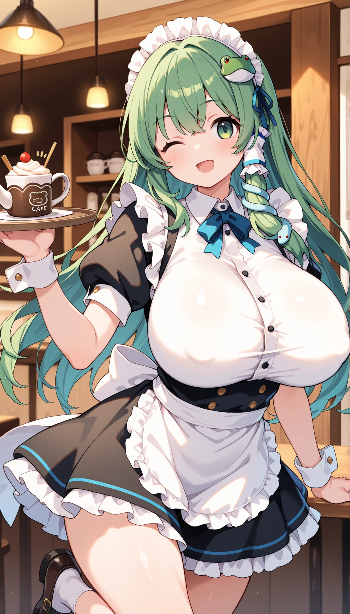 Erotic Anime Illustration、fantasy、A plump maid serves a tea party、beautiful eyes、english garden、Kiyohime、mini skirt、ecstatic smile、Overwhelming huge breasts that go beyond common sense、thick legs with fat、perfect proportions、cowboy shot