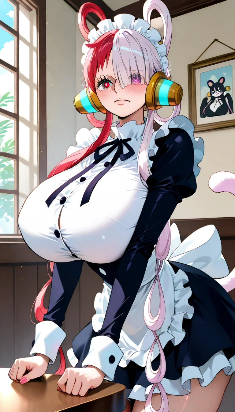 masterpiece, best quality, 1girl, (pink hair, long hair, detailed hair, cat ears, pink eyes:1.3), cute, (horny heart eyes, heavy blushing, excited, extremely horny face:1.1), bedroom, (black hair ribbons, black and white gothic dress:1.2), (topheavy, gigantic breasts, bursting breasts, curvy, slim waist, bottomheavy, thick thighs, wide hips:1.2)
