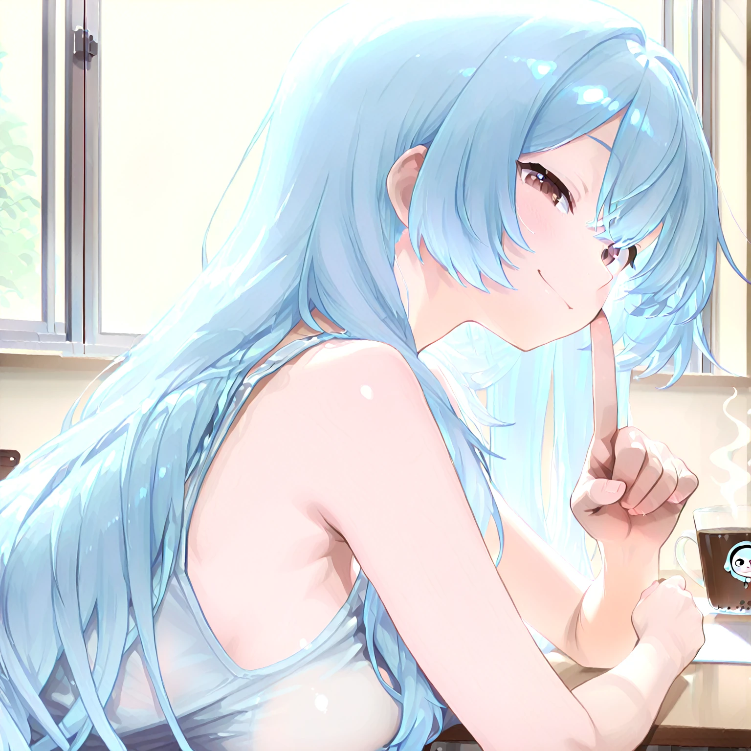 1 girl, ((naked)), you work you lose, clothes, writing, sitting chair, interior, living room, bare legs, AquaXL, sleepy, yawning, blue hair masterpiece, best quality