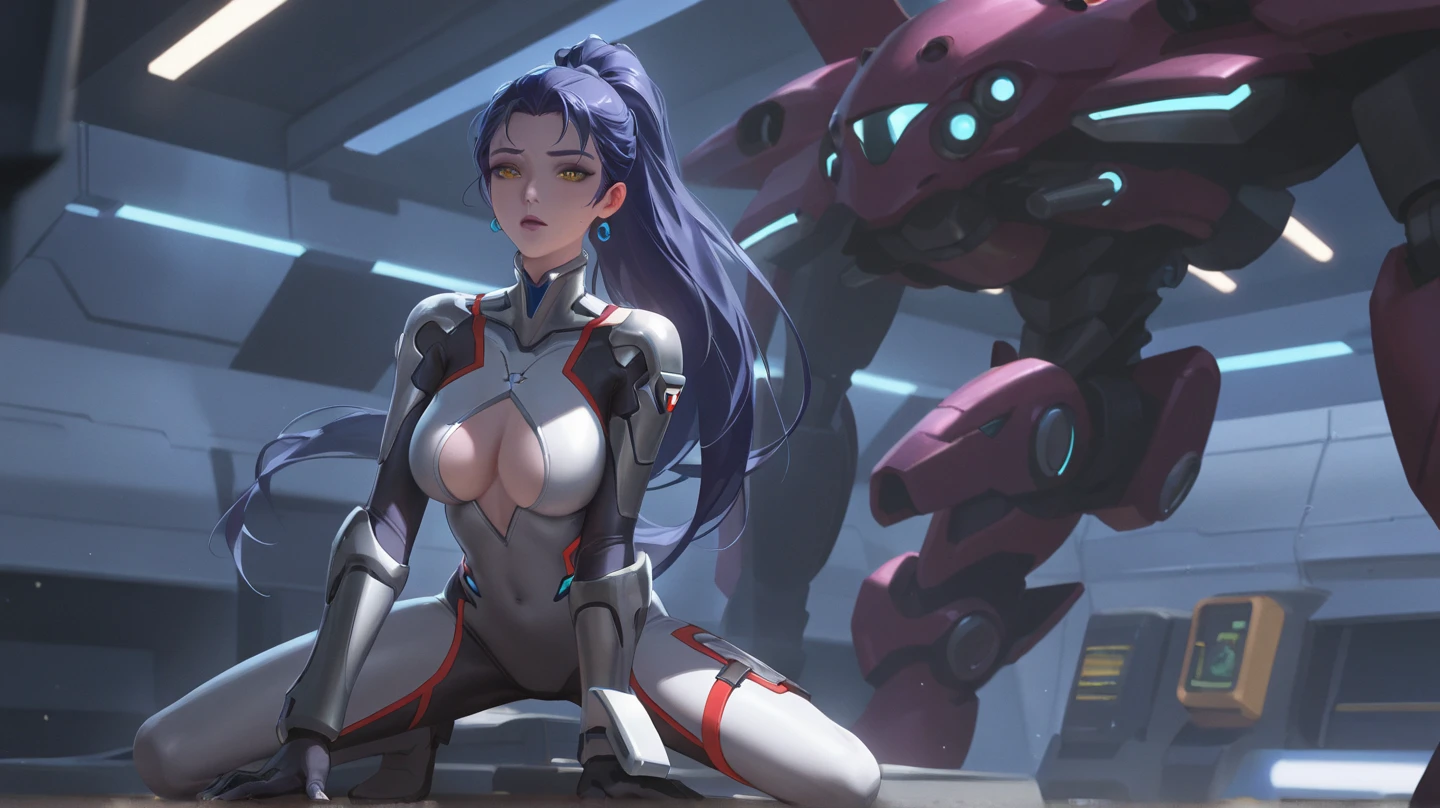 ultra detailed photo of a woman cyborg, 1girl, photorealistic, (natural skin texture, realistic eye details:1.2) layer_mega manx, alone, breasts, underboob, green eyes, purple hair, Android, long hair, bangs over eyes, robot ears, artwork, tan skin, high quality, hypnotized, spiral eyes, blank stare, in the bedroom, standing at attention