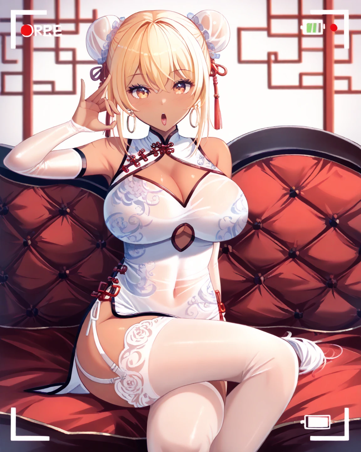 1 girl (cat eared, without human ears), beautiful eyes finely detailed, (two tone hair color (red and white), short hair), tipsy smile, drunk, blush on her face, wearing red knight uniform, laying her back on sofa, middle ages style bedroom, full body, anime best girl, masterpiece sidelighting, night time, masterpiece, top-quality, detailed, High resolution illustration