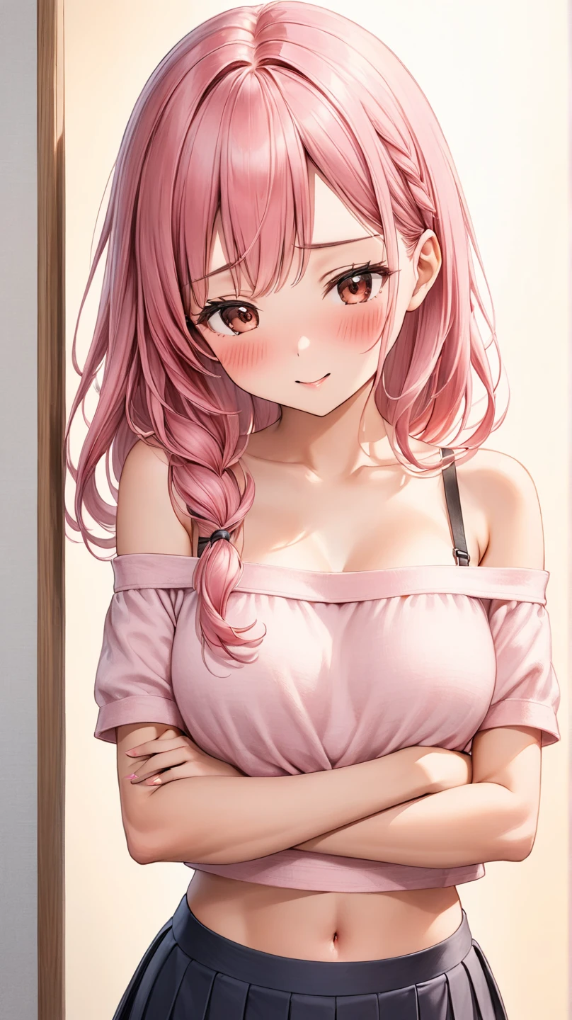 ((masterpiece)),(best quality),official art,extremely detailed CG,unity 8k wallpaper,ultra detailed,beautiful detailed eyes,extremely detailed face,shop,1girl,solo,upper body,(portrait:1.5),looking at viewer,facing viewer,smile,dragon girl,dragon horns,shortstack,very long hair,multicolored hair,red hair,pink hair,twintails,sidelocks,bangs,pointy ears,slit pupils,red eyes,collarbone,black dress,short sleeves,huge breasts,v,zettai ryouiki,black thighhighs,red footwear, <lora:Iruru(kscnm):0.7>