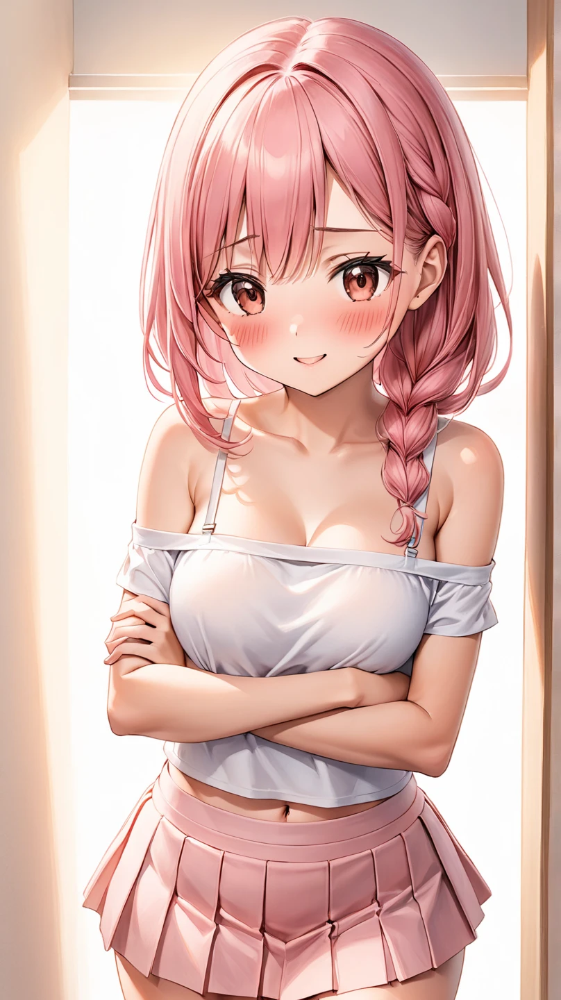 Gyokuha, Gyokuha妃, (1 girl:1.), (solo:1.3), long hair, pink hair, bun hair, single hair, (White off-shoulder knit:1.3), (denim long skirt:1.3), highest quality, High resolution, unity 8k wallpaper, (An illustration: 0.8), (detailed and beautiful eyes:1.6), highly detailed face, perfect lighting, Detailed CG, (perfect hands, perfect anatomy), (smile:1.3), gentle smile, blush, close up, free pose