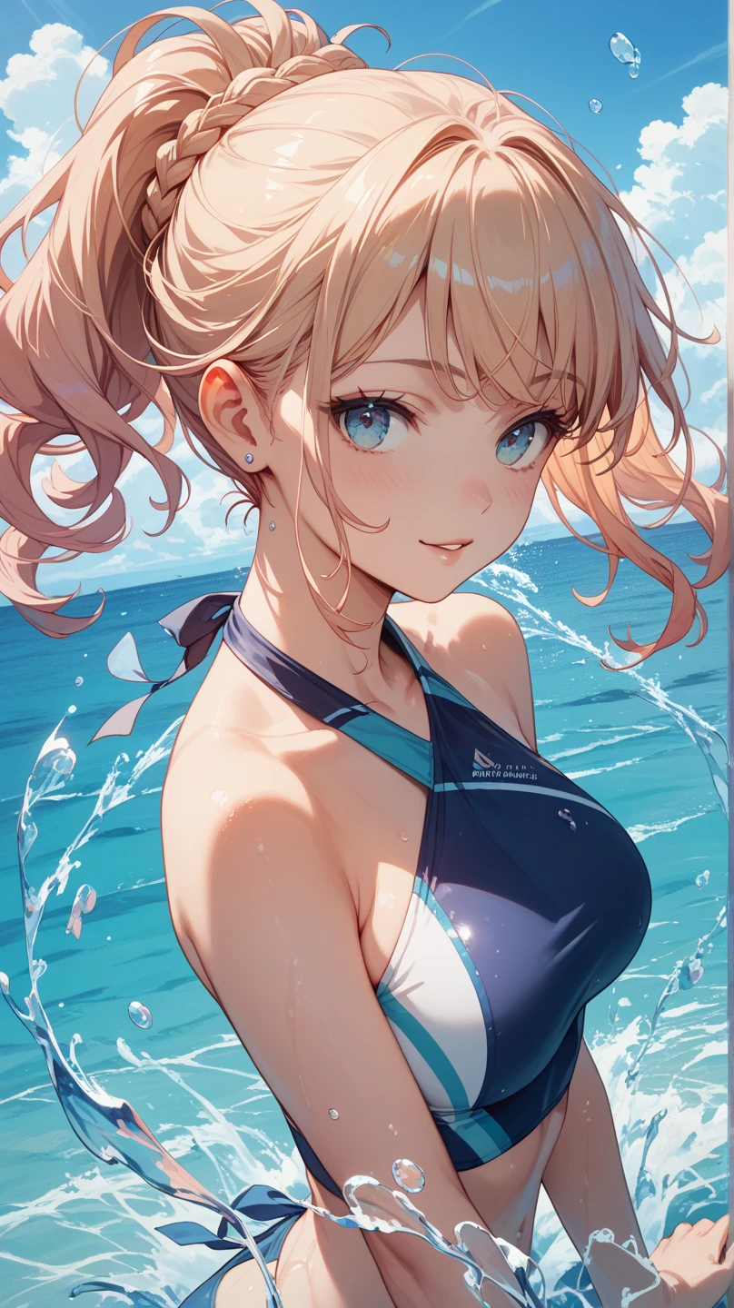 1girl, solo, swimming, school swimsuit, gold hair, long hair, purple eyes, expressionless, motion blur, swimming pool, masterpiece, best quality,, (Depth of field hdr 8k 4k wallpaper cinematic angle, cinematic lighting,:1.5) (masterpiece, best quality:2.0)