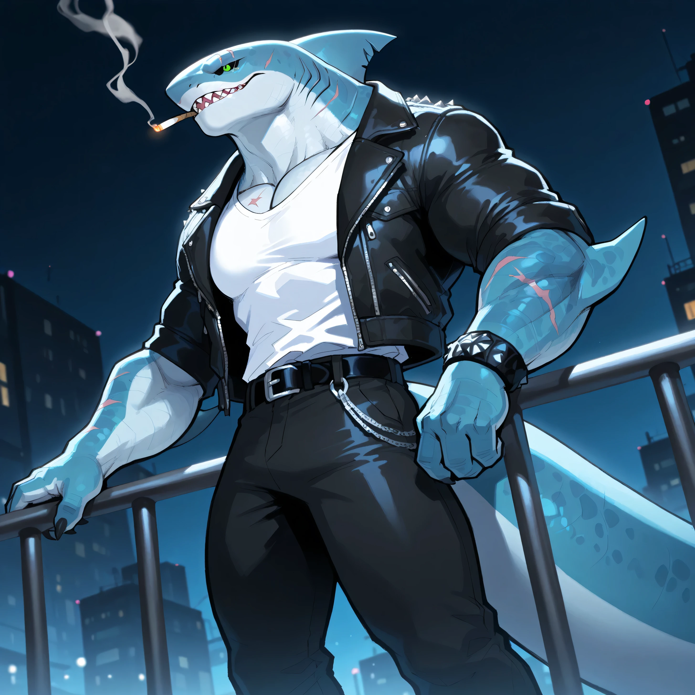 masterpiece, best quality, night Alleys, solo, male, deepblue shark, sharkman, black sclera, green eye, Muscle, wide chest, beefy, thick scales on arms, fins on arms, scar on one's nose, bulky body, big tail, white shirt, black belt, black padded jacket, black leather bracelet, bad boy, from below the side, smoking, Place one arm on the iron railing and smoke with the other arm.