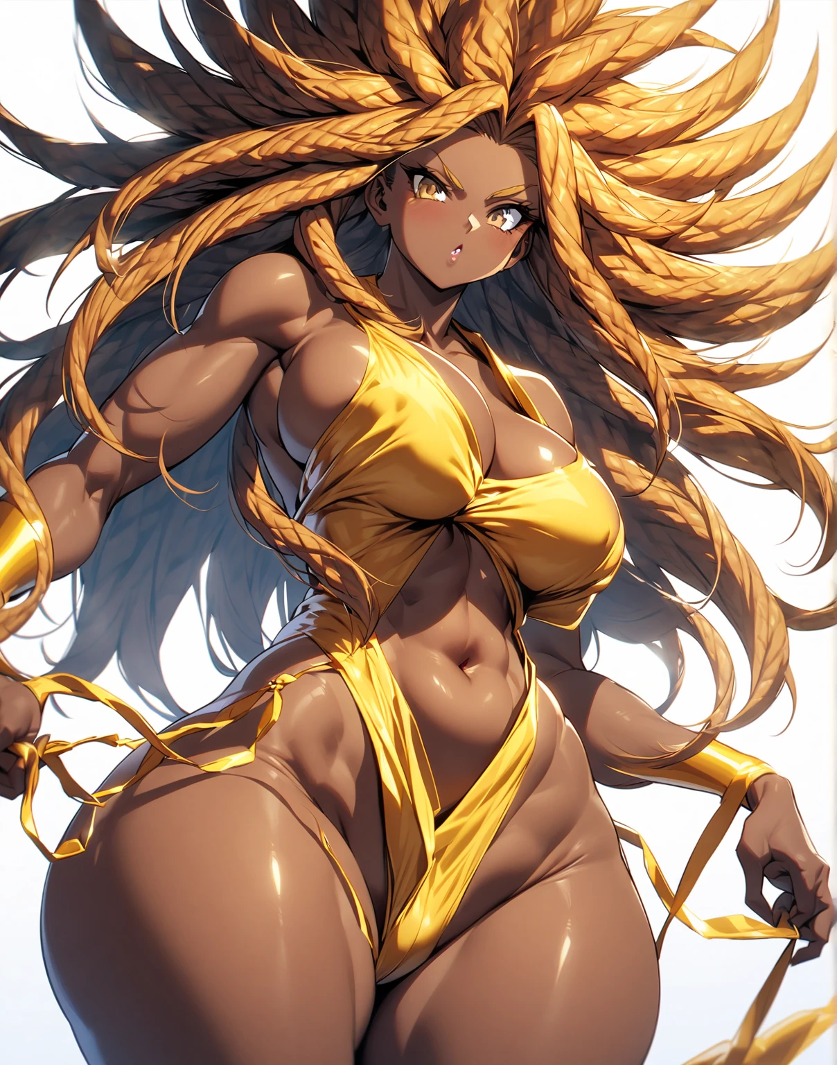 (masterpiece, best quality:1.2), cowboy shot, 2 girls standing side by side facing each other naked, mcblaze, dark skin, dark-skinned female, fit female, abs, radiant beautiful happy face, looking at viewer, ahoge, thighhighs, fingerless gloves, cleavage, fire, huge breasts, showing puffy nipples, wet pussy, clitoris, beautiful face, wide hips, beautiful eyes, blue eyes, cute face, big nipples, thick thighs, kissing each other, 2 arms each, (((fingering)))