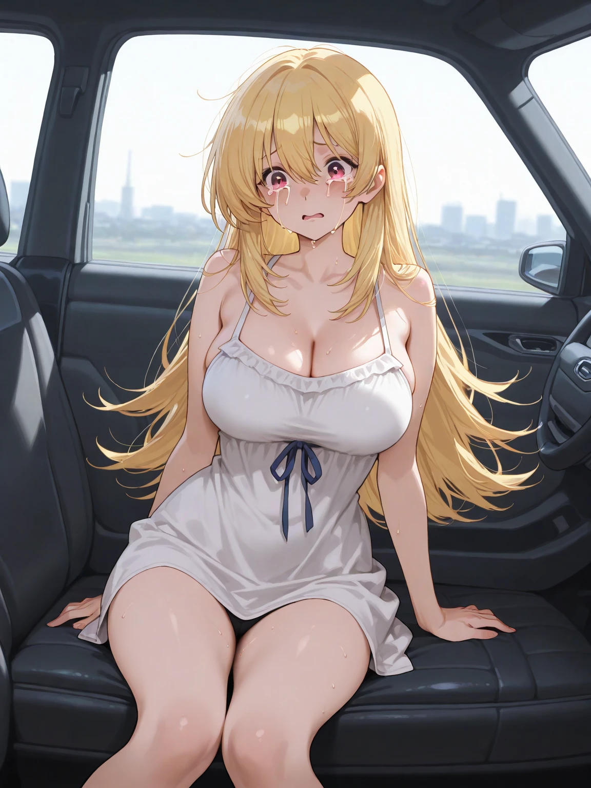 an anime girl with her arms behind her back, dressed as a prisoner, in inside car, 1 girl, full body, alone, long hair, looking at viewer, shirt, red eyes, blonde hair, loose hair, blush, sitting in a car, dressed in a striped t-shirt, with horizontal stripes, black and white striped shirt, big breasts, long sleeves, with (arms behind the back), no pants, bare legs, white sneakers.