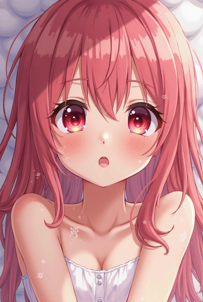$masterpiece$, best quality, expressive eyes, perfect face, a magical girl, pink hair and eyes, solo, long curly hair, pink gold and rose gold color theme, skinny, helpless, laying on back, bed, scared expression, naked