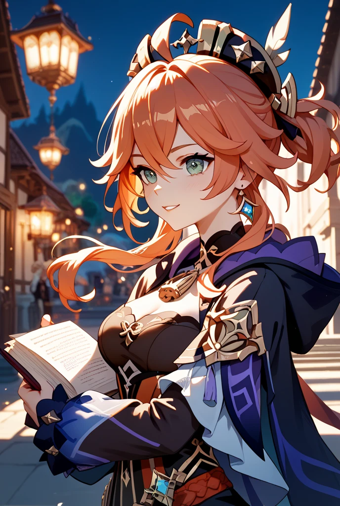 Ancient demon mage casts a spell, vibrant, vivid and colorful, in ancient city at sunset, headshot
