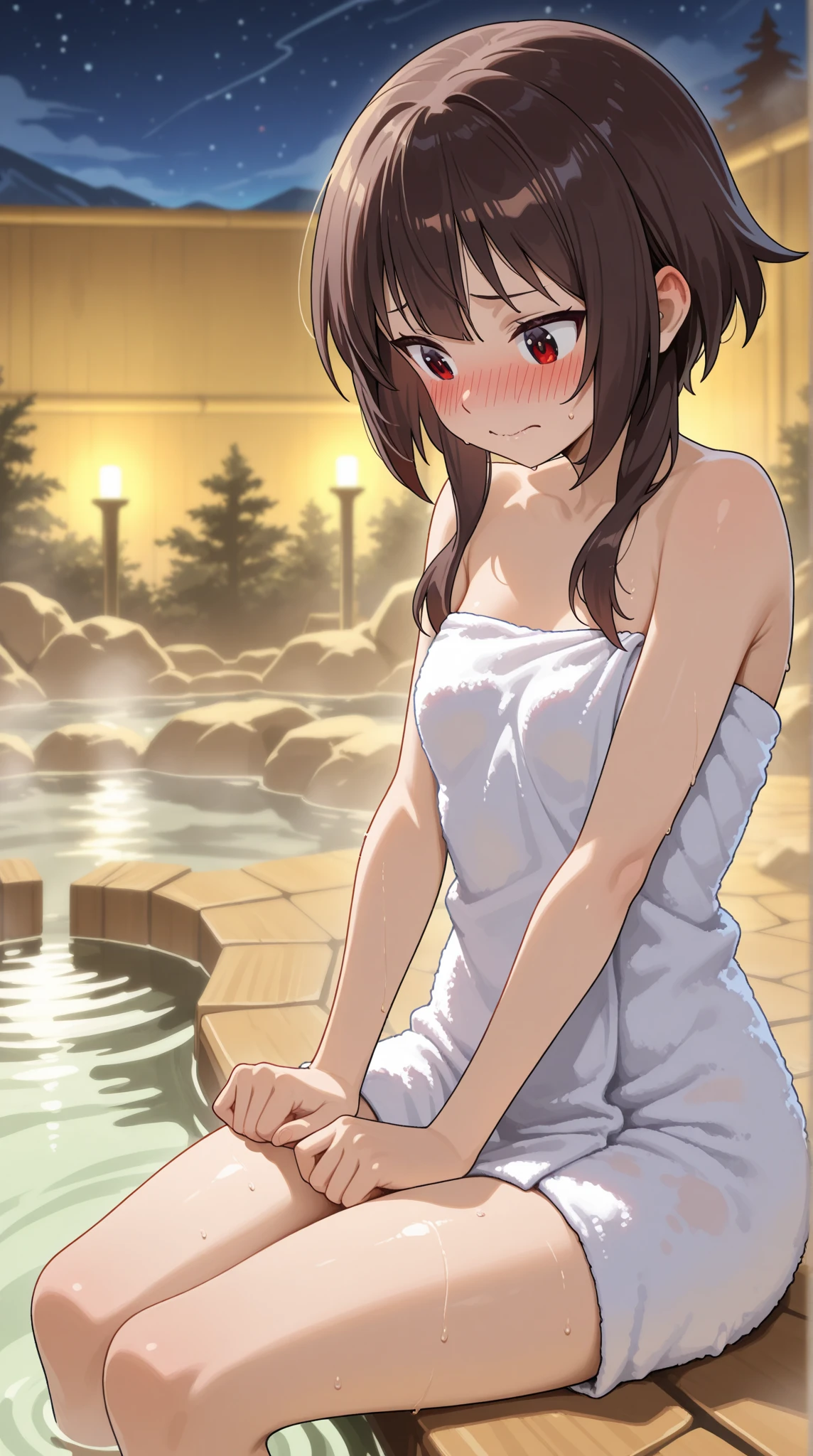 (top-quality:1.3), (masterpiece:1.3)、Beautiful girl alone、cute little、Pale atmosphere、18year old、Medium chest、(embarrassed)、red blush、(Red Eyes)、(A dark-haired)、((Straight hair))、(Longhaire)、(Blunt bangs)、(Elegant atmosphere)、(wet skin)、Outside、autumnal、momiji、Stone lantern、hot onsen、outdoor、(transparent bath towel:1.3)、(Fluffy towel:1.7)、Big Full Moon、(Against the background of the night sky)、FULL BODYSHOT、steam、Futomo、taking a bath in the hot spring、