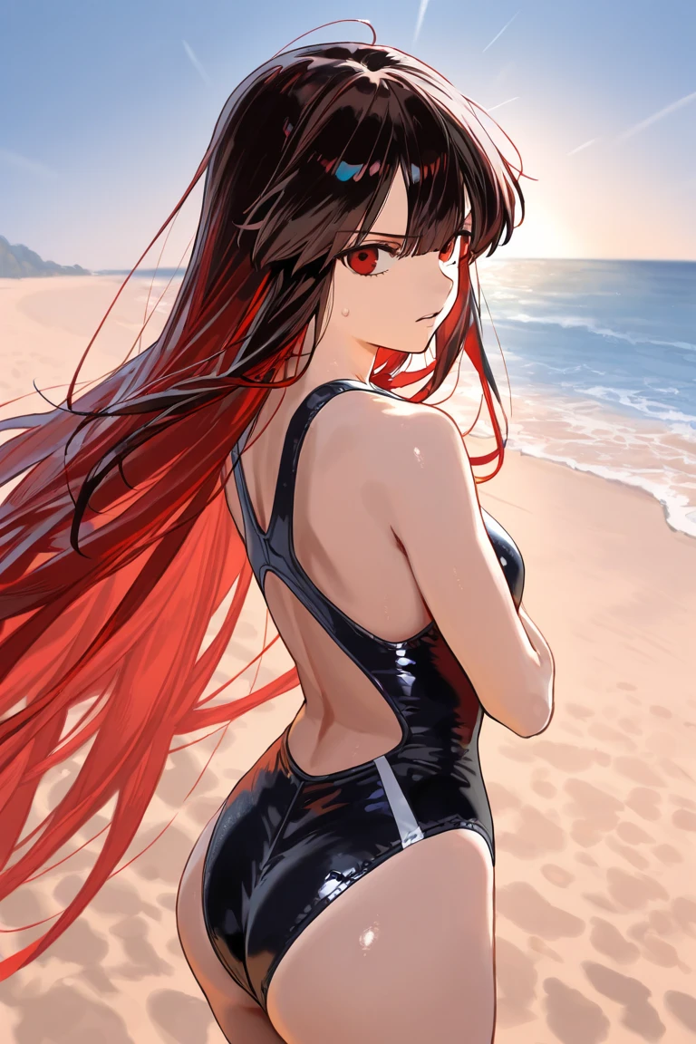 1girl,red hair,long hair,Black swimsuit,Walking,Facing backwards,Surprised expression, blush, teeth showing,, red eyes, close up photo,Ultra detail, Ultra HD, masterpiece