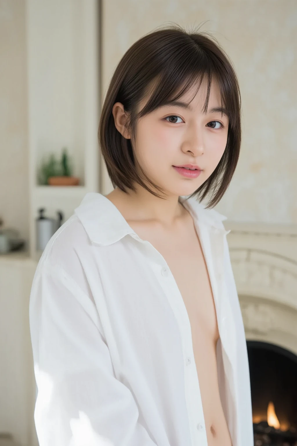 ((Best of the highest quality, 8k, Masterpiece: 1.3, raw photo)), Sharp focus: 1.2, (1 AESPA girl: 1.1), (Solo: 1.18), (realistic, photo-realistic:1.37), face focus, cute face, (Small breasts, flat chest, Thigh: 1.3), messy short hair, sitting, (naked and Neat skirt: 1.1), cafe, books, sunlight, cinematic lighting, from below