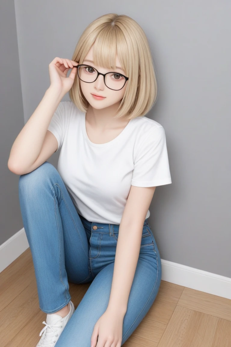 Athletic blonde woman, (short hair), tomboy, cute, ((smile)), Reading glasses, t-shirt, panties, very light makeup.