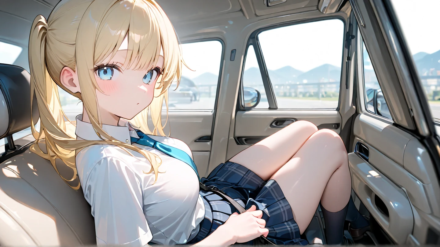 (anime artwork, anime style, studio anime, very detailed, up to date, vibrant, Anime Coloring, high contrast, masterpiece:1.2, best quality, best aesthetics),1 girl,hug from behind, Medium chest, A glimpse of thighs,random hair, One eye is hidden by the bangs, perfect proportions, high detail skin, Cute, detailed faces, precise fingers,curvy,in the car, front passenger's seat