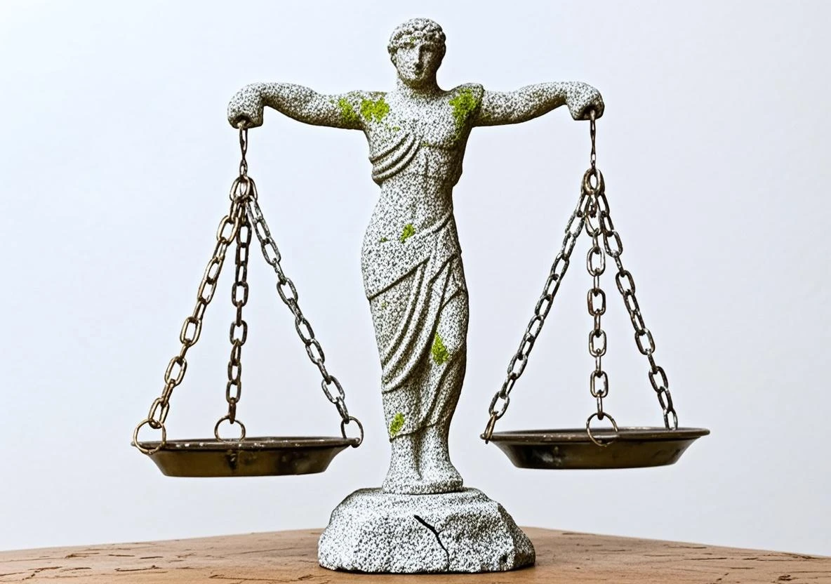 A statue of a man dressed in a scale in the form of an unbalanced sadaloa, you could illustrate one side with many objects or weights, while the other side is empty 