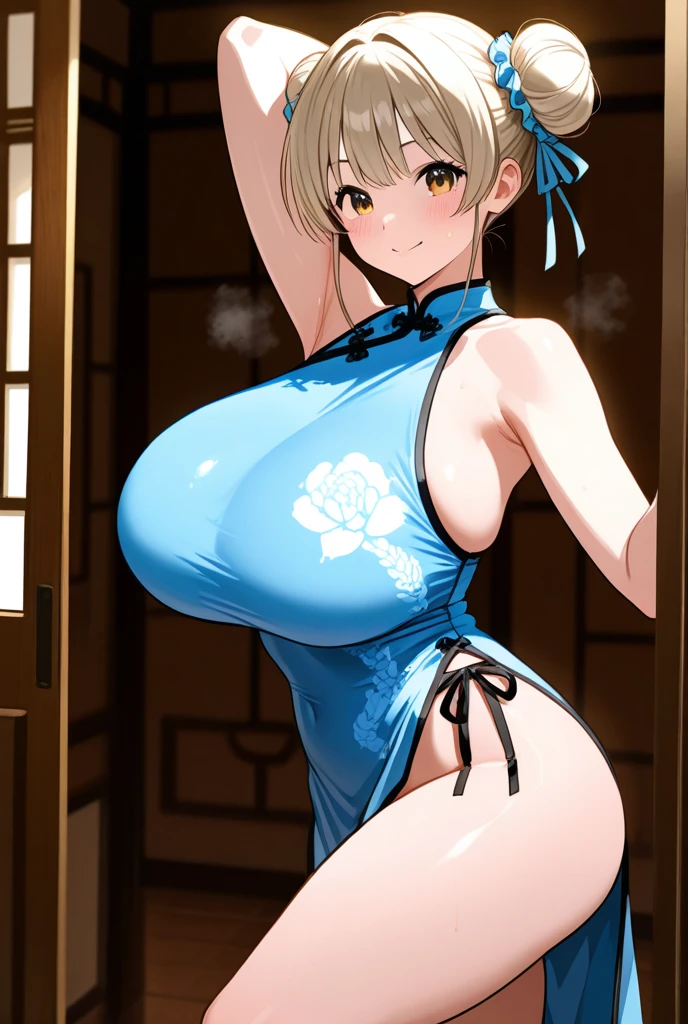masterpiece, best quality, finely detailed, high resolution, extremely delicate and beautiful, Volumetric Lighting, Best Shadows, Shallow Depth of Field, 1girl, blonde, (huge breasts), Double Hair Bun, (china dress:1.2), (cleavage), pelvis curtain, (wide hips)