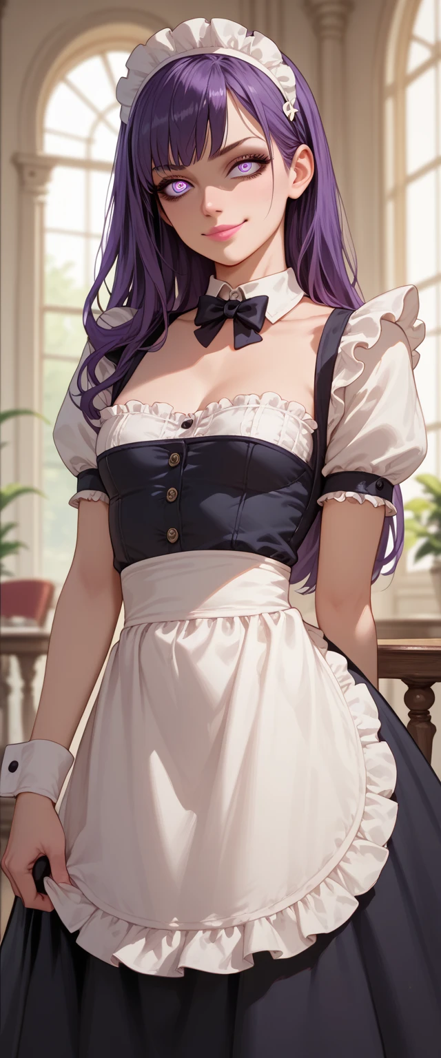Cartoon girl in purple dress and striped socks, maid outfit, Cute anime girl in a beautiful skirt, My dress up dear anime, !!Full body portrait!!, Maid costume, Game image, Screenshot of fashion game, Inspired by Sim Sa-jeong, The charming Tifa Lockhart, Full body fairy, purple and white, Faye Valentine