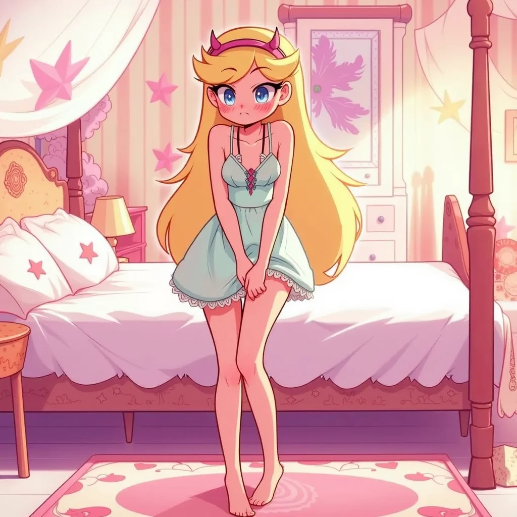 NSFW, 1 girl, star butterfly, blue eyes, blondie hair, long hair, heart shaped cheek marks, female nudity, horn hairband, bedroom background, pink stocking, (pink garterbelt:1.3), sitting at bed