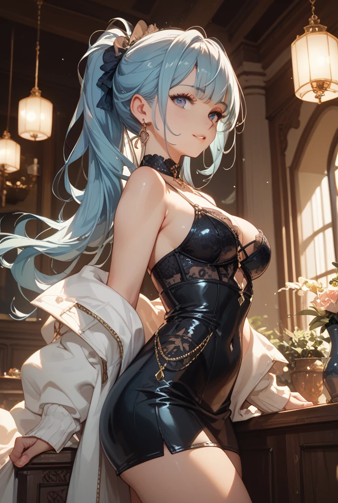 (from below:1.2),(from side:0.9), ((Face)), (Close-Up:0.4), (A masterpiece of image quality in 8K),(Beautiful Allafed Woman),(((emphasizing breasts:1.3))),(Dynamic angles),(Dynamic and sexy bending pose:1.3),(sit a chair:1.3),(Short hair in shiny silver and orange inner colors,large full breasts,Disturbance of clothing due to movement,breast slip,(Ponytail twisted buns adorned with elaborate braids and beads,Braided Setup Fishbone Hair:1.2),(see-through bangs),small breasts,(((A brown lace apron that shows your bare skin from under your small breasts.......)))、Blush with embarrassment、Enraptured eyes、 open mouth,A smile that beguiles the viewer、(Look back:1.7)、Look into the photographer,skin glistening with sweat,gazing at viewer,,(Professional Lighting),(masutepiece,top-quality,Ultra-high resolution output image,),(Ultra HD with complex detail image modes),depth of fields,Beautiful hands,Beautiful fingers,Detailed finger features,(Detailed hair features:1.7),detailed facial features,detailed clothes features,