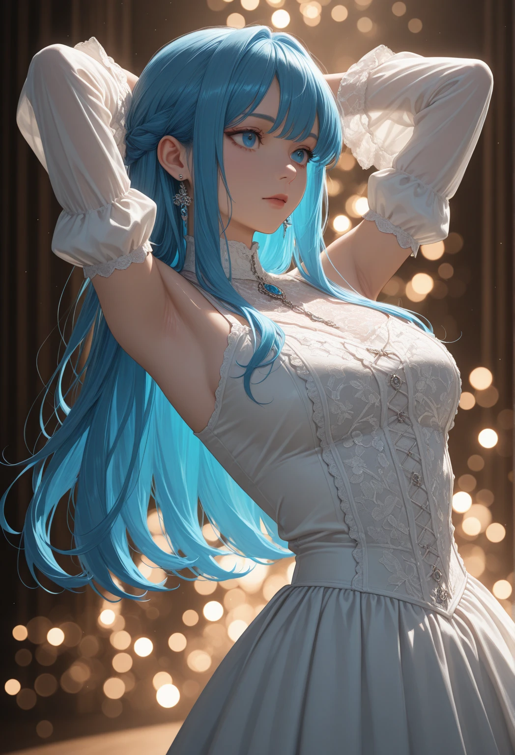 best quality, masterpiece, (realistic:1.2), 1 girl, gwen, dress, blue hair, hair drill, vibrant colors, saturated, ribbon, black ribbon, detailed face, beautiful face, simple background, blue glow