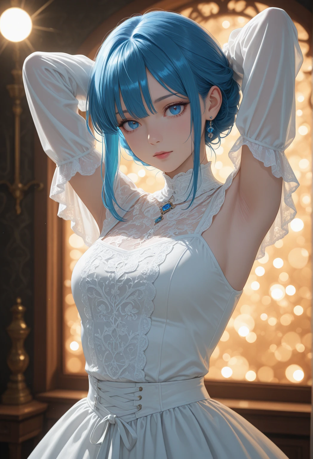 ((best quality)), ((masterpiece)), (detailed), 1girl, off-shoulder sweater, cute shiny red eyes, ultra-detailed, highly detailed, best quality, famous perfect looking 3D-Modell, The image features a young beautiful, elegant  woman, 28 years old with perfect beautiful legs, blue, short hair styled in a braided ponytail. She is wearing extraordinary blue pumps, a extraordinary  sleeveless charming experimental white dress  with a small neckline at the front and black fishnet tights with decorations. she has perfect small blue shiny eyes and is accessorized with red star-shaped earrings and a necklace with a round pendant. Her perfect skin is very pale. She has blue painted fingernails decorated with small diamonds and a perfect, delicate nose to match her perfect small shiny red eyes. photorealistic 3D anime girl render, anime styled 3d, hyper realistic 3D-anime, render of a cute 3d anime girl. full body on picture, sweet, cinematic. elegant blue pumps, red lipstick, perfect legs. extraordinary beautiful outfit. on her knees watching into camera, pov look. hands behind her back, spreading legs. blue nails. open mouth.Het mouth filled with . it drips from the chin into her hand. camera from above