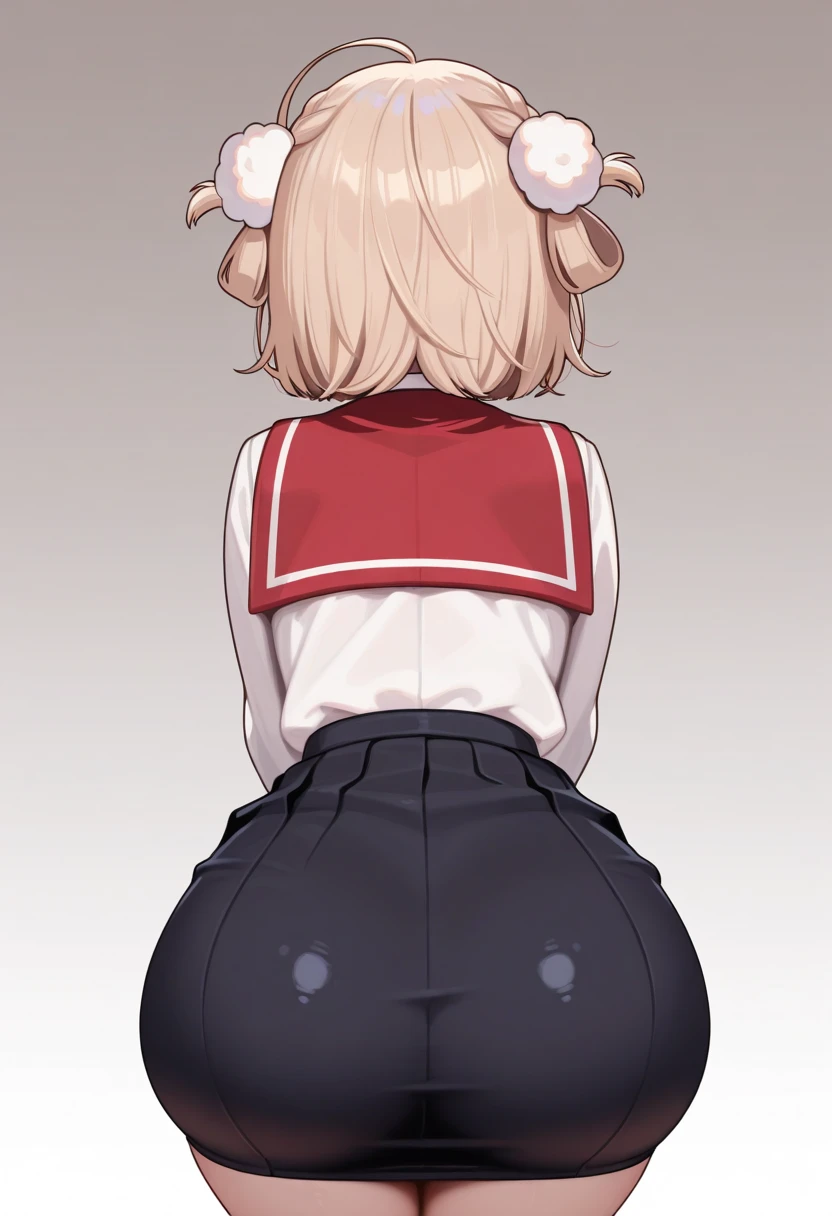 masterpiece, highest quality, High resolution, question 1, One girl, alone, Hair Ring, Green Eyes, Pompom hair ornament, Sailor collar, Long sleeve, Striped pants, Braiding, Vertical stripes, beret, Cowboy Shot, Sitting, Cafe, indoor, View Viewer,From the back,Women stink,fart,fart,Turn your buttocks here
