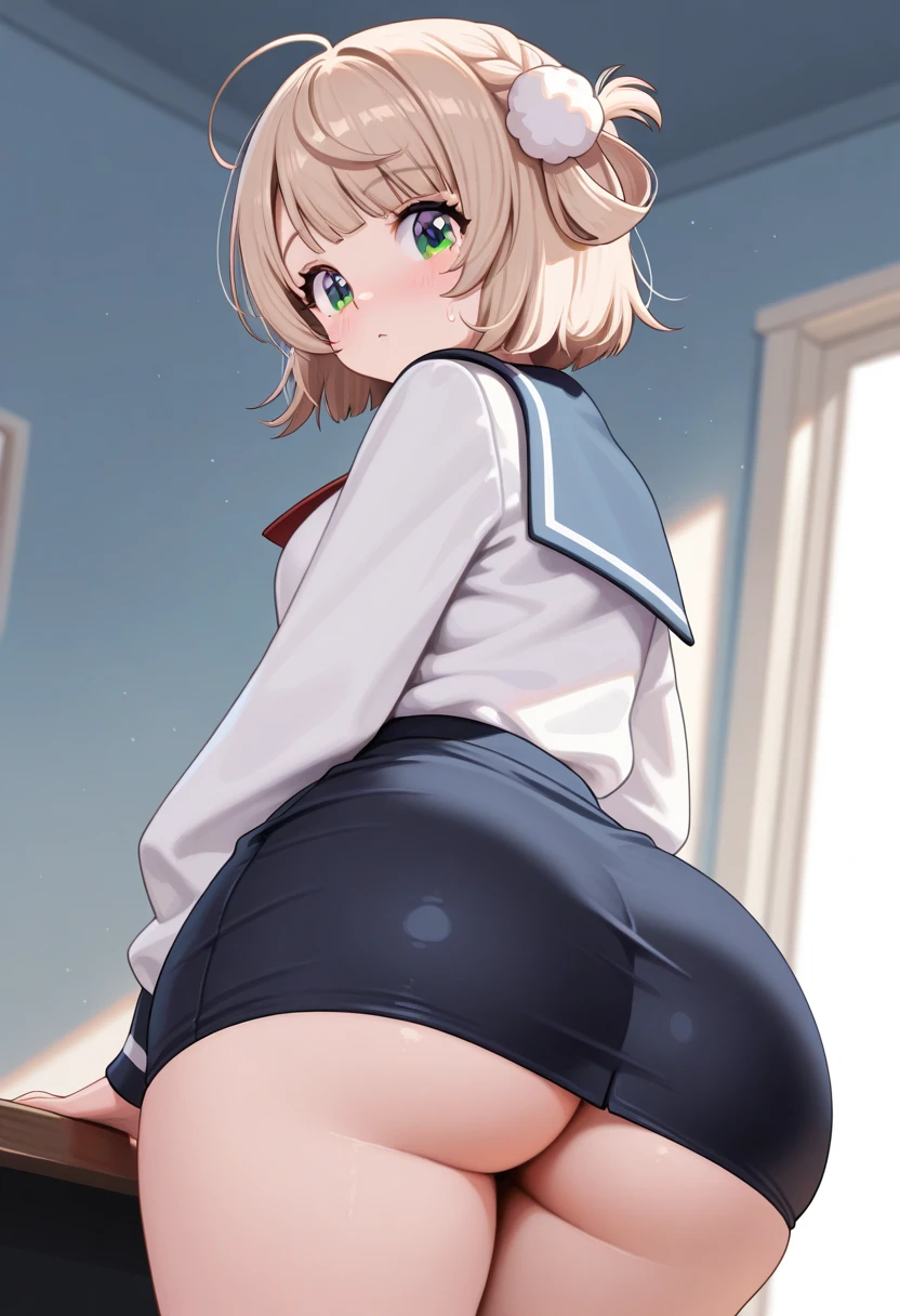 High resolution, Very detailed, perfect lighting, beautiful detailed eyes, ((masterpiece,Best Quality)), absurdities, alone, princess zelda, by the width, crown braid, Hair clip, pointy ears, Gloves without fingers, black gloves, smile, curves, nod, , deep neckline, deep neckline, black school uniform with white details,short skirt, visible underwear, pink thong, black uniform, black shirt with pink bow, touching her breasts in a sexy way, sitting, view from behind, big butt