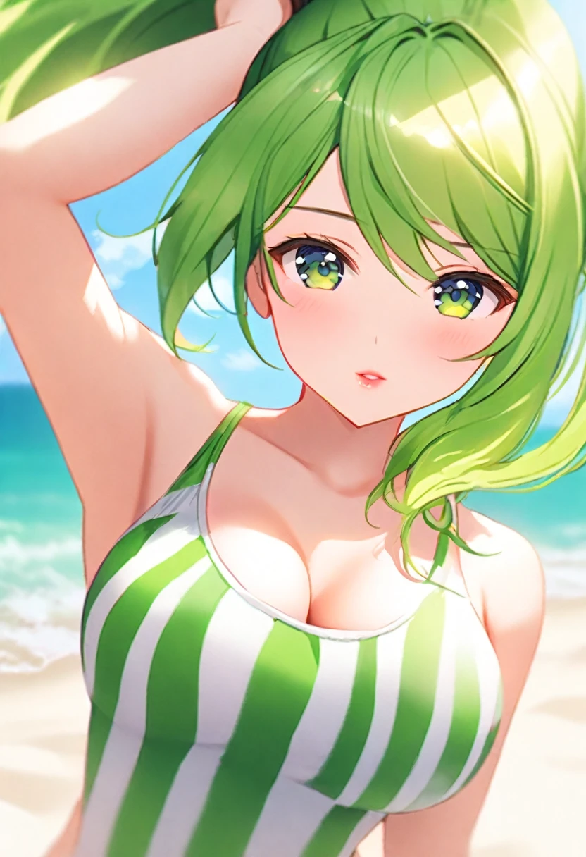 ((masterpiece)), (((best quality))), chromatic lighting,
colorized, green + white limited color palette, 
detailed concept drawing,
portrait, 20yo 1girl, beachside, swimware, medium soft breasts, slender, green, long green hair, black eyes, smiling