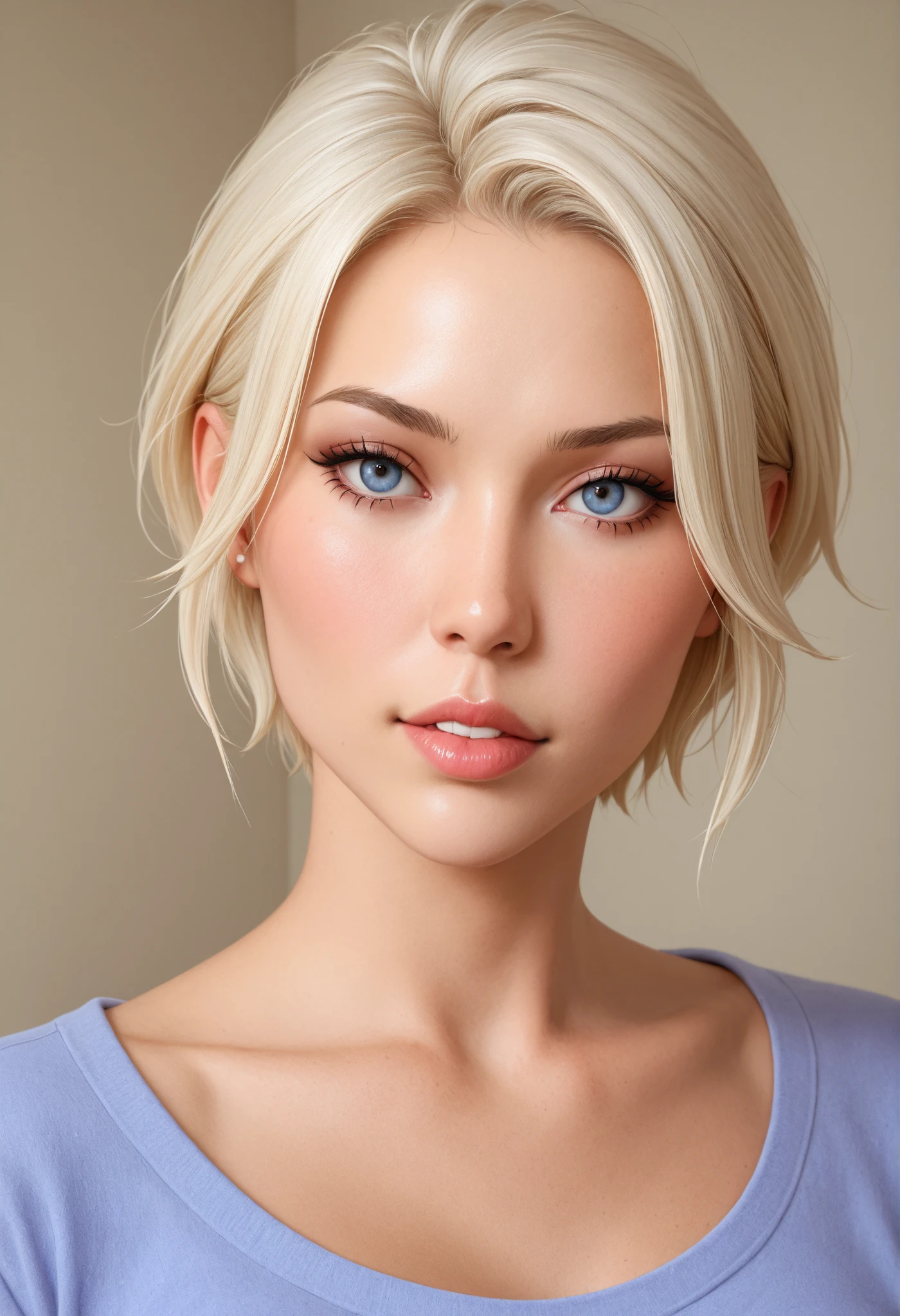 a 20-year-old European and American model, high detail, full of vitality, youthful, (smiling:1.2), female focus, looking at the audience, short golden hair, white collared shirt, black denim shorts, bilateral arms, denim lens, standing, bracelet, solid color background