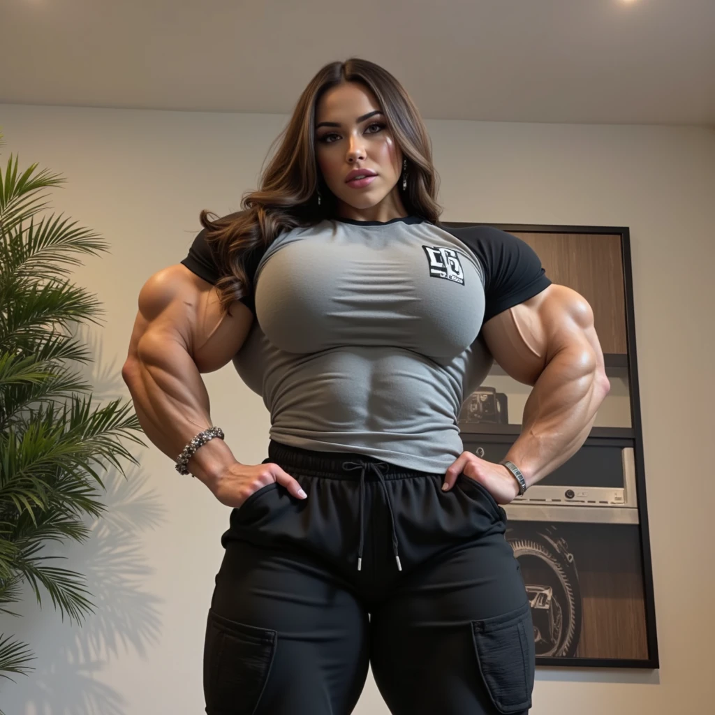 (Best quality,masterpiece,ultra detailed,8K,RAW photo,realistic,high resolution:1.2),(Pretty Japanese girl),(Super huge tits:1.4),(light brown hair),(tank top,short pants:1.4),(muscular:1.6),(shoulder length),(light smile),(huge arms:1.4),(huge legs:1.4)