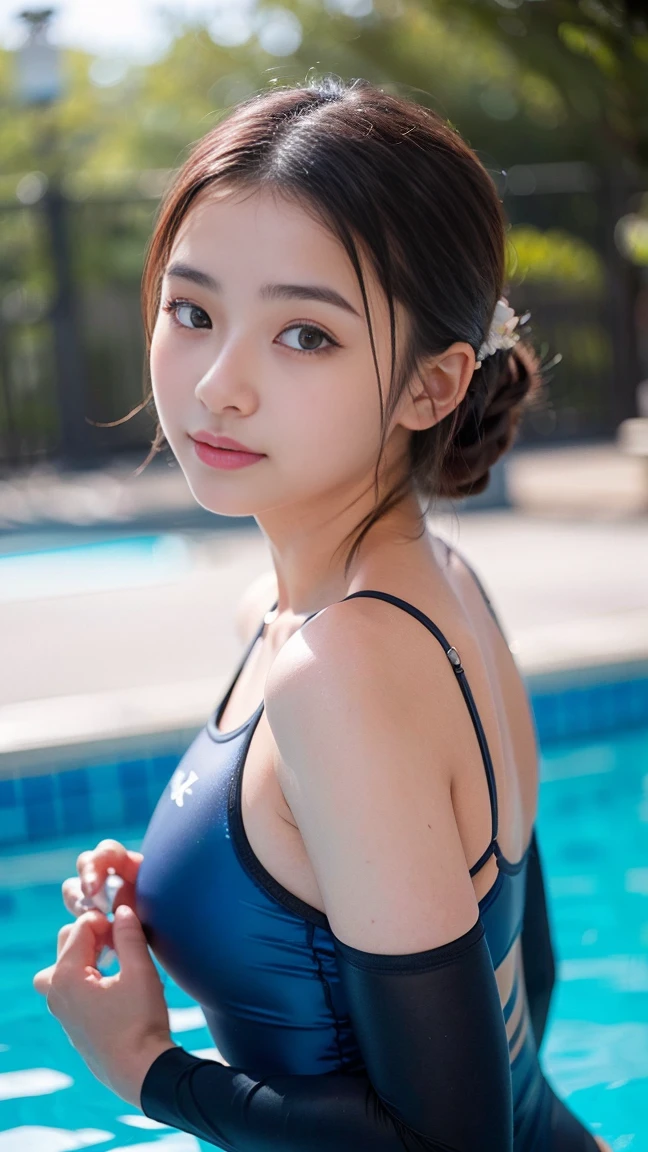 Photorealistic realism 16K quality, Please show me your armpits:1.21, (Face close-up), (shut up.:1.21), (masterpiece:1.2)), Ultra detailed nipples、Beautiful areola、(Highly detailed beautiful face), (High quality and realistic texture: skin, hair), 1. woman, Supermodel, 17 years old, Perfect Anatomy:1.37, Japanese woman, (風に舞うhair), ((Ultra High Definition Ultra High Resolution: Navy blue、nude、 One piece swimsuit:1.37)), (極限までskinの見せつける、Racing Swimwear:1.37), Big Breasts、Cleavage、Saggy breasts、, ((Summer outdoor swimming school:1.37)), ((Ultra high-res Realistic eye, Clear and sharp, Absurd quality, Not blurry:1.3)), (([eye|eyehadows]:[brown|pink])), 対称的なeye, Thin lashes, Sharpen your eyebrows, ((Detailed pupil:1.4)), ((品質に対する鋭いeye:1.2)), (Long eyeliner), (pinkの口紅:0.8), (Detailed nose:1.2), Perfect composition, (tired, Sleepy and satisfied:0.0), (Beautiful Lips:1.33), (Great nose:1.2), (Flat Chest:1.21), Ultra detailed nipples、Beautiful areola、Pleasure from having her breasts massaged、Shocking orgasm on the clitoris、Caressing the vagina with lotion、極限までskinを見せる、The ultimate ultra-thin swimsuit、Uncontrollable orgasm、(Slim lower body:1.21), (Low Ponytail:1.37), (茶hair:1.21), (前hairを長く垂らしましょう), Digital SLR, Top quality soft lighting, Sharp focus captured with the Fujifilm XT3, 5 ....6, In dramatic lighting,Pinpoint caressing of the clitoris、Orgasm by playing with erogenous zones、licking、