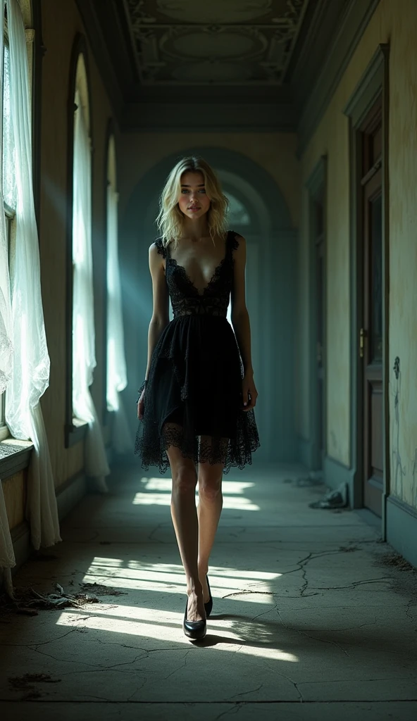 full body portrait of a slender blonde female, natural lighting, woman in bodycon dress next to a window in an old rustic abandoned building, wearing high heel pumps, brick wall, harsh shadows and light, beams of light from outside streak through the image, dust particles can be seen in the sunlight, photo realistic, highly detailed, detailed hands, detailed feet
