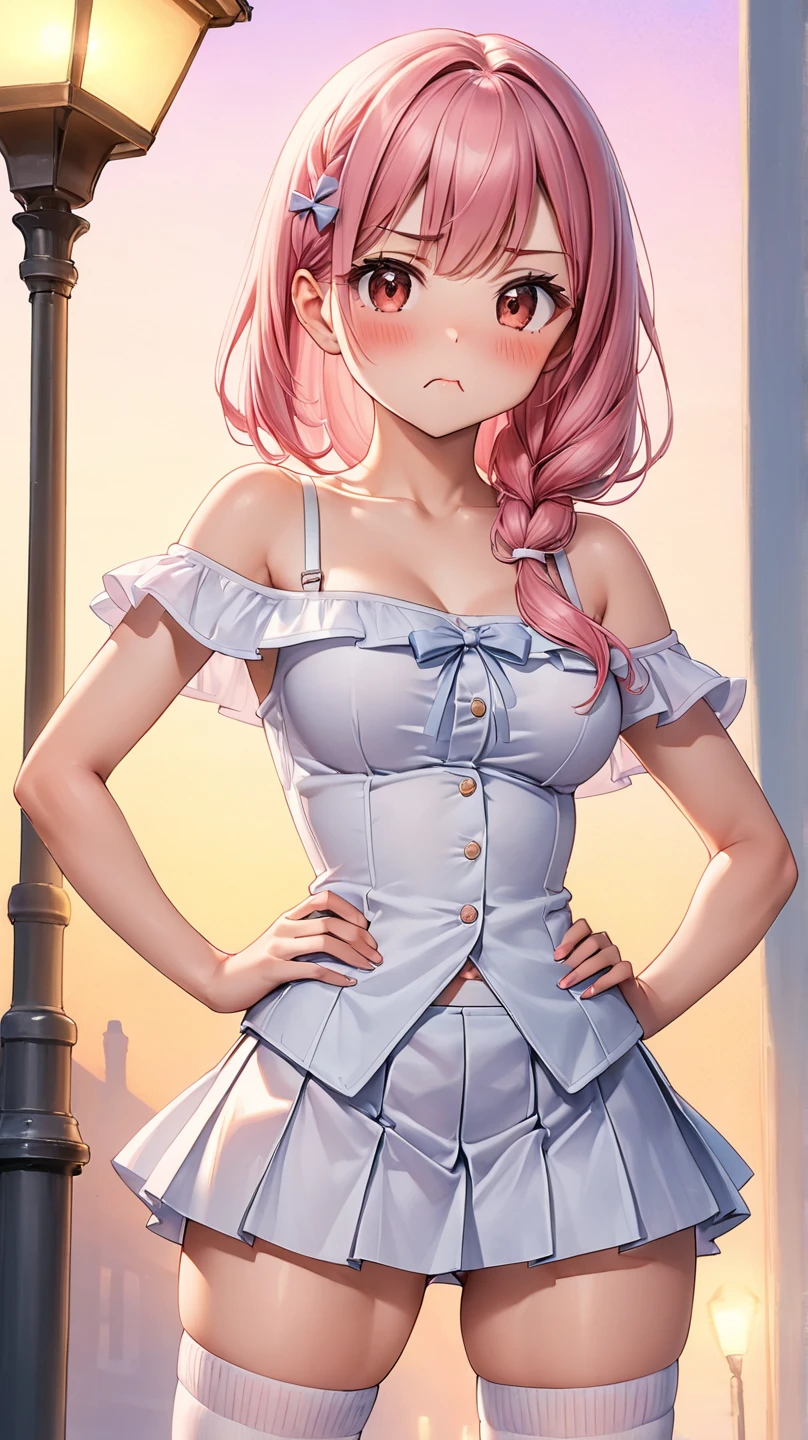 (best quality,4k,8k,highres,masterpiece:1.2),pink hair,short braided hair,beautiful big breasts,girl's eyes are beautifully detailed and expressive,girl's lips are beautifully detailed,ultra-detailed,realistic,wearing school uniforms,playfully enjoying the moment,colorful and vibrant,soft natural lighting。to jump。