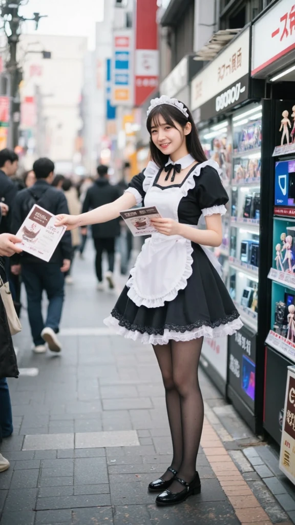 （Real Photos）A single maid handing out leaflets for maid coffee shops on the streets of Akihabara、gothic ta maid clothes、１８age、Beautiful woman、tall、Beautiful legs、maids handing leaflets to people walking down the street with a smile、PC shops and electronics stores、figure shops are lined up、（A big smile full of love:1.3)