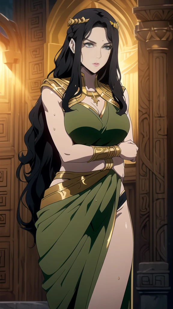 (One Person), (Masterpiece, Best Quality), (A Gorgeous 25 Years Old Female Greek Maiden), (Wavy Long Black Hair:1.6), (Athletic Body Builds), (Pale Skin:1.4), (Detailed Shiny and Sweaty Skin:1.4), (Green Eyes:1.4), (Serious Looking), (Busty Chest Size:1.2), (Wearing Green colored Revealing Bikini with Flowing Silk Cloth and Golden Jeweleries:1.4), (Cleavage), (Dynamic Pose:1.4), (Dimly Lit Greek Temple at Night:1.6), Centered, (Waist-up Shot:1.4), From Front Shot, Insane Details, Intricate Face Detail, Intricate Hand Details, Cinematic Shot and Lighting, Realistic and Vibrant Colors, Masterpiece, Sharp Focus, Highly Detailed, Taken with DSLR camera, Depth of Field, Realistic Environment and Scene, Master Composition and Cinematography
