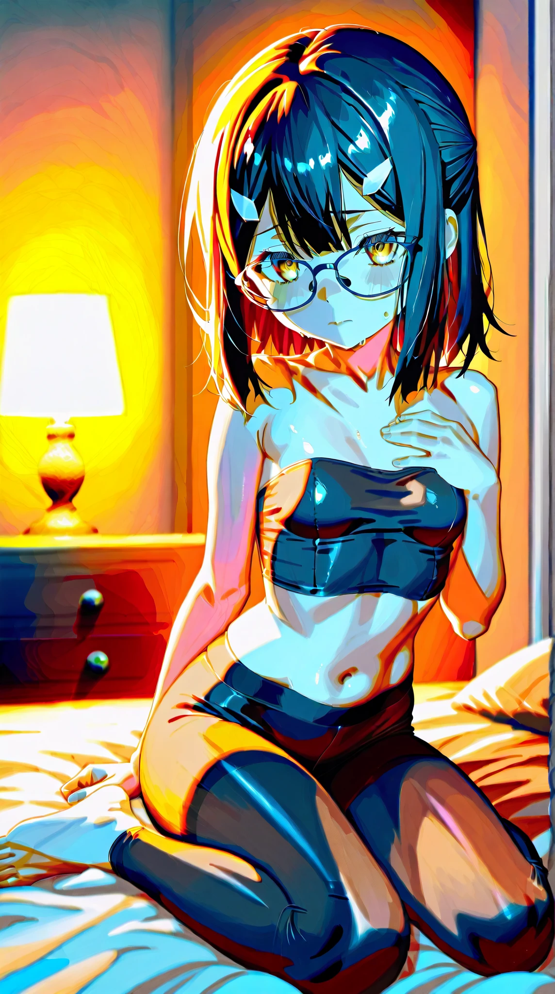 ((highres:1.2)),1girl,(nude:1.2),(topless:1.2),boots,(black socks:1.3),(((medium breasts:1.4))),((skinny:1.2)),short hair,((blue hair:1.5)),glasses,(((teenager:1.2))),(((petite:1.2))),((shorts:1.2)),(((flat chest:1.2))),Free posture