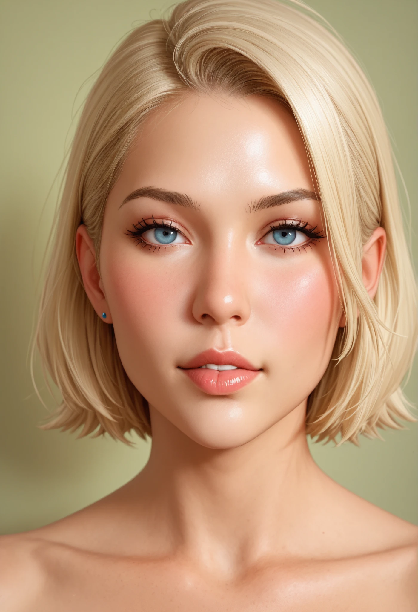 Portrait photo of beautiful woman with short bob cut and lots of freckles, (Dirty Blonde Hair), (facial portrait:1.5), Dramatic light , Rembrandt lighting scheme, (Hyper-Realism:1.2), (Photorealistic:1.2), Shot with Canon EOS 5D Mark IV, Detailed face, detailed hairs, a smile