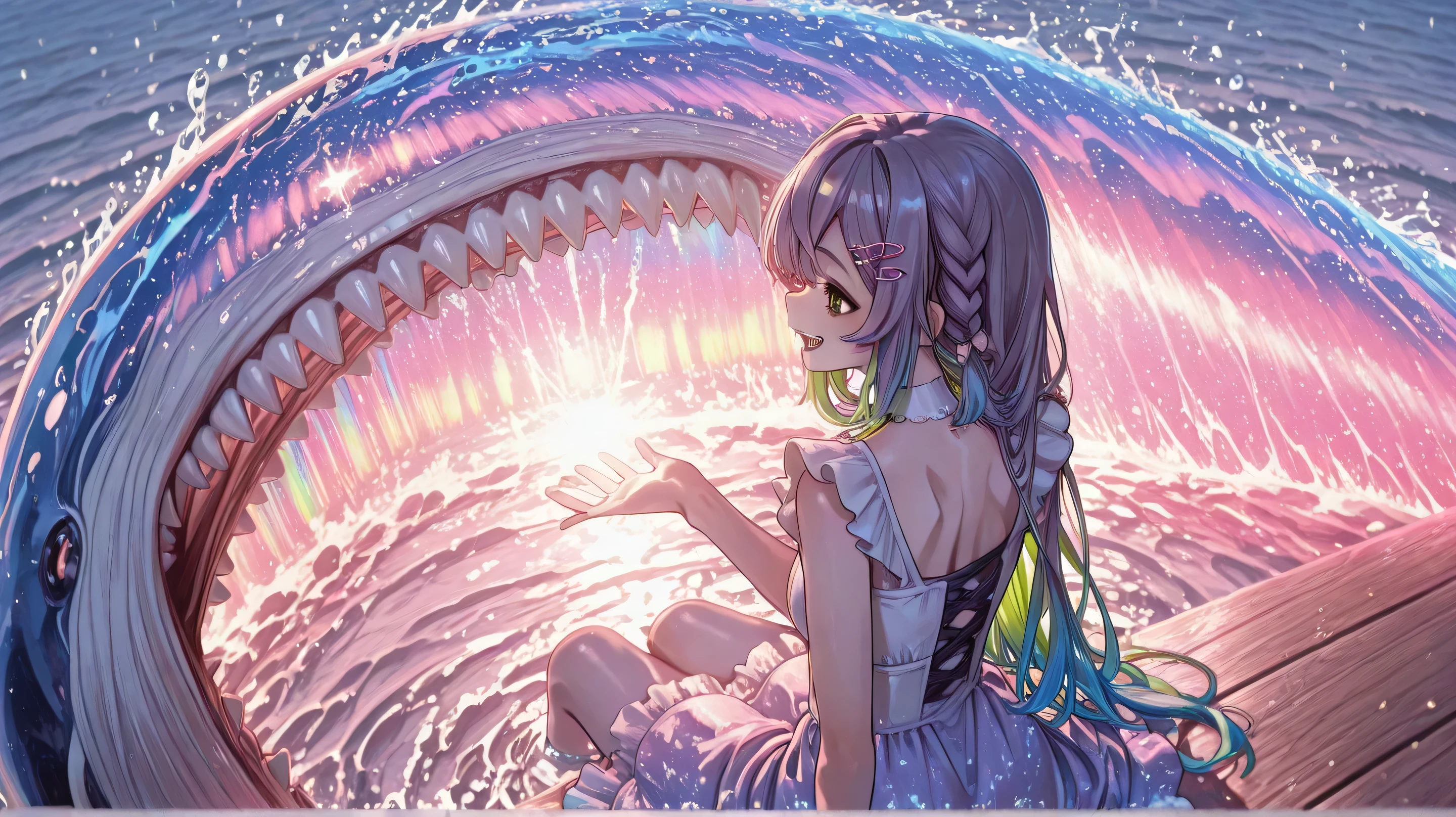 A precocious girl, Islanders, Bending teeth, Facing back, smile, sharp teeth, eyes are circular in the form of a scallop, Green Eyes, purple braided hair, hairpins adorning her hair, white, seaside, wearing a female rapper dress, daytime, sitting on a whale, Swordsman , Rainbow Aurora Light Spreads Out Bright, Power creates a concert in the middle of the water., handซ้ายถือดาบสีแดงมีลูกตาคล้ายกับมีชีวิต, คุณภาพgoodที่สุด, masterpieces, It's shiny., Tilted neck , คุณภาพgoodที่สุด, clear elements,Pretty face of a girl,ภาพเหhandนจริง,of bright colors, Anime, Dark Fantasy ,Sharp,perfect, perfect hand , good_hand, rear view, Face zoom.