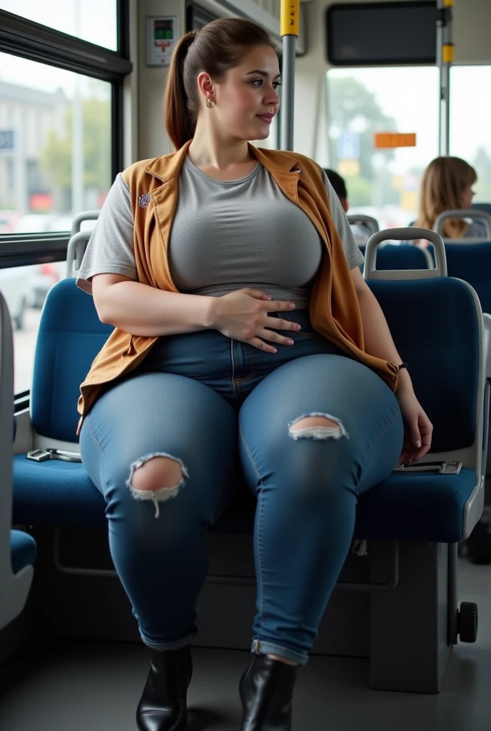 1 beautiful woman, chubby, curvy, long hair, brown hair, blue sweater, black jacket, blue jeans, black wallet, white sneakers, open mouth, asleep on the bus.