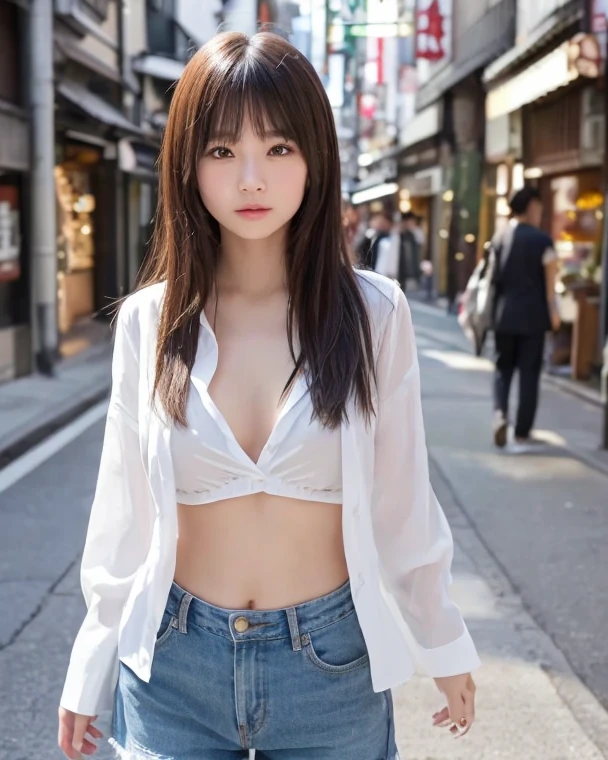 young japanese female model, 20 years old, short height, long brunette hair, bangs hairstyle, blue eyes, 8k resolution, highly detailed, hair ribbon, wearing white bra with short denim jacket and blue skinny jeans, wearing white sneakers, full body shot, light smile, Hyperrealism, cinematic lighting, bokeh, masterpiece, UHD, textured skin, super detail, high details, high quality, award winning, best quality, highres, 16k