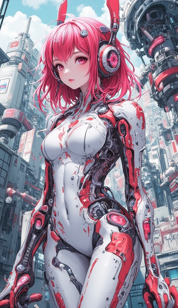 Masterpiece,solo,highest resolution,highest quality,wallpaper,good composition,32k,(transparent material:1.2),1girl,pink short hair,oblique bangs,exquisite and beautiful face,mechanical structure body,composed of machinery,transmission device,hydraulic device,circuit and wire,skin wrapped with transparent sss material,humanoid robot,artwork,